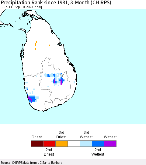 Sri Lanka Precipitation Rank since 1981, 3-Month (CHIRPS) Thematic Map For 6/11/2023 - 9/10/2023