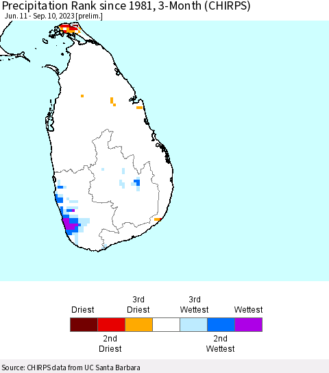 Sri Lanka Precipitation Rank since 1981, 3-Month (CHIRPS) Thematic Map For 6/11/2023 - 9/10/2023