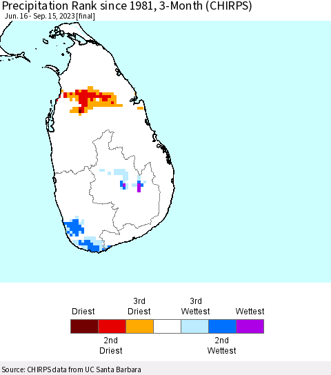 Sri Lanka Precipitation Rank since 1981, 3-Month (CHIRPS) Thematic Map For 6/16/2023 - 9/15/2023