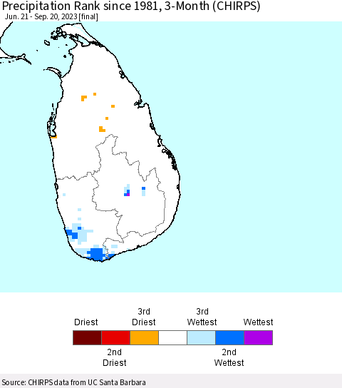 Sri Lanka Precipitation Rank since 1981, 3-Month (CHIRPS) Thematic Map For 6/21/2023 - 9/20/2023