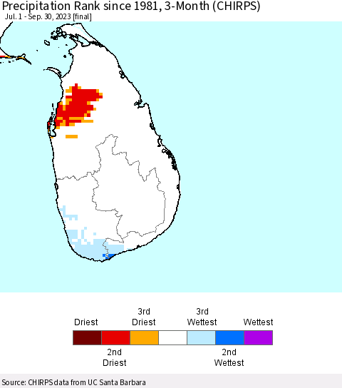 Sri Lanka Precipitation Rank since 1981, 3-Month (CHIRPS) Thematic Map For 7/1/2023 - 9/30/2023
