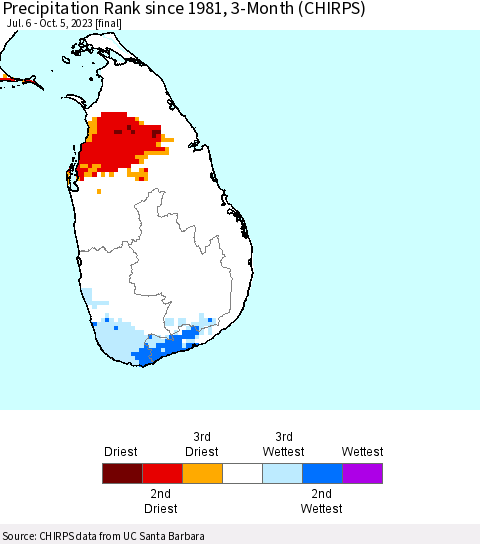 Sri Lanka Precipitation Rank since 1981, 3-Month (CHIRPS) Thematic Map For 7/6/2023 - 10/5/2023