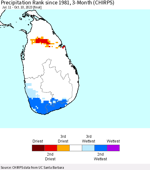 Sri Lanka Precipitation Rank since 1981, 3-Month (CHIRPS) Thematic Map For 7/11/2023 - 10/10/2023