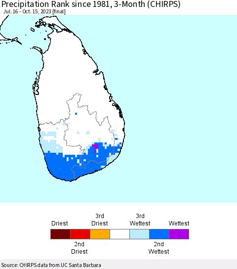 Sri Lanka Precipitation Rank since 1981, 3-Month (CHIRPS) Thematic Map For 7/16/2023 - 10/15/2023