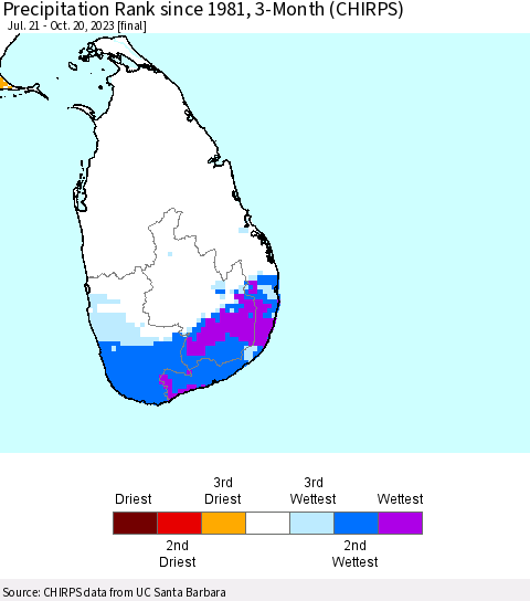 Sri Lanka Precipitation Rank since 1981, 3-Month (CHIRPS) Thematic Map For 7/21/2023 - 10/20/2023
