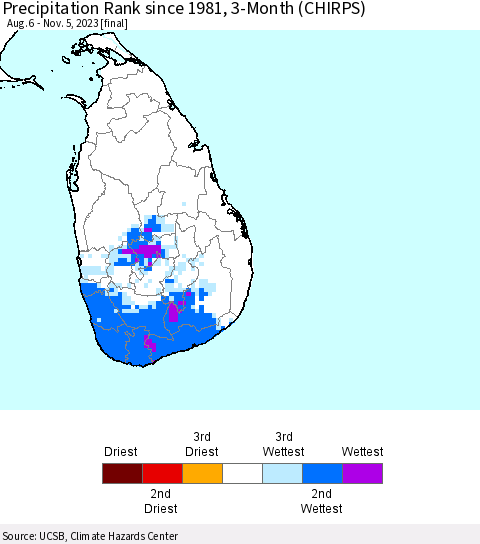 Sri Lanka Precipitation Rank since 1981, 3-Month (CHIRPS) Thematic Map For 8/6/2023 - 11/5/2023