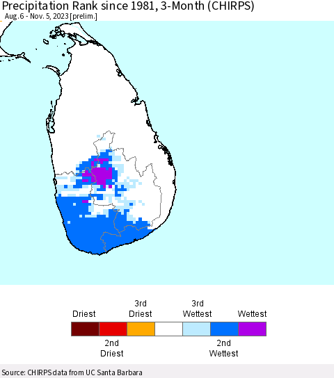 Sri Lanka Precipitation Rank since 1981, 3-Month (CHIRPS) Thematic Map For 8/6/2023 - 11/5/2023