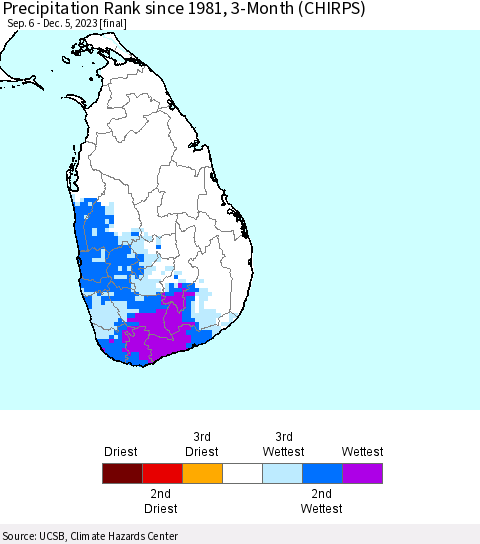 Sri Lanka Precipitation Rank since 1981, 3-Month (CHIRPS) Thematic Map For 9/6/2023 - 12/5/2023