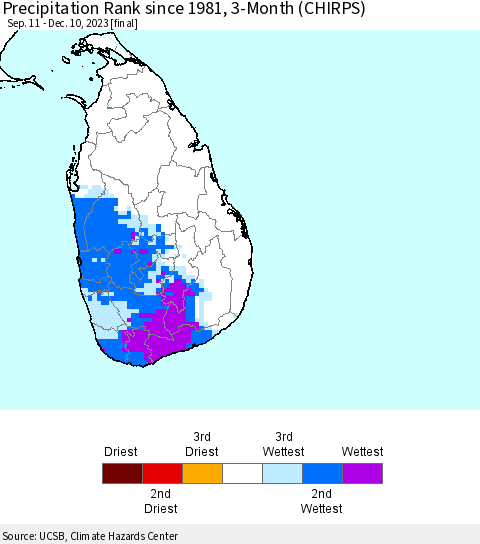 Sri Lanka Precipitation Rank since 1981, 3-Month (CHIRPS) Thematic Map For 9/11/2023 - 12/10/2023