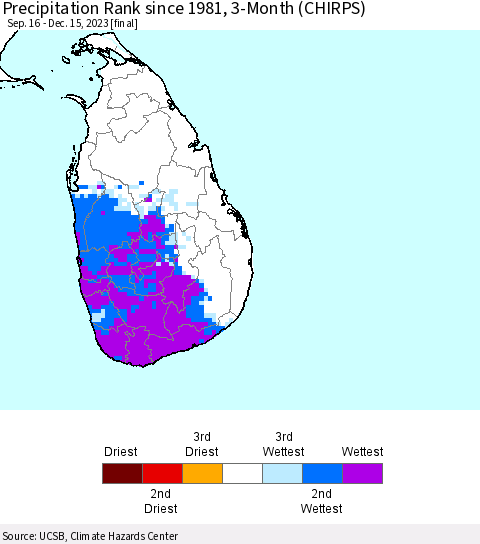Sri Lanka Precipitation Rank since 1981, 3-Month (CHIRPS) Thematic Map For 9/16/2023 - 12/15/2023