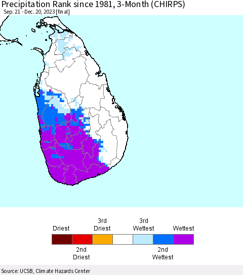Sri Lanka Precipitation Rank since 1981, 3-Month (CHIRPS) Thematic Map For 9/21/2023 - 12/20/2023