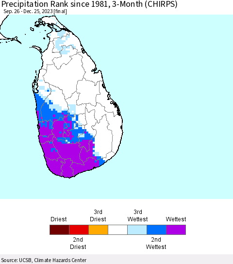Sri Lanka Precipitation Rank since 1981, 3-Month (CHIRPS) Thematic Map For 9/26/2023 - 12/25/2023