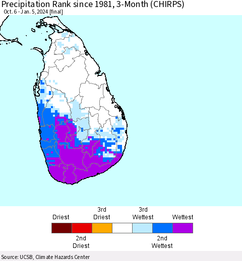 Sri Lanka Precipitation Rank since 1981, 3-Month (CHIRPS) Thematic Map For 10/6/2023 - 1/5/2024