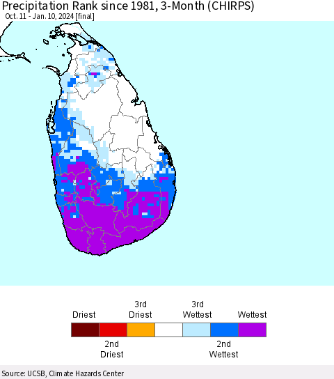 Sri Lanka Precipitation Rank since 1981, 3-Month (CHIRPS) Thematic Map For 10/11/2023 - 1/10/2024