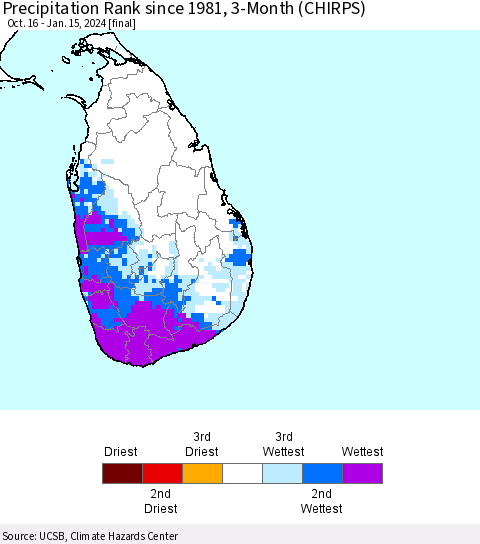 Sri Lanka Precipitation Rank since 1981, 3-Month (CHIRPS) Thematic Map For 10/16/2023 - 1/15/2024