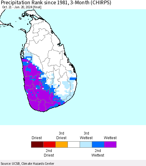 Sri Lanka Precipitation Rank since 1981, 3-Month (CHIRPS) Thematic Map For 10/21/2023 - 1/20/2024