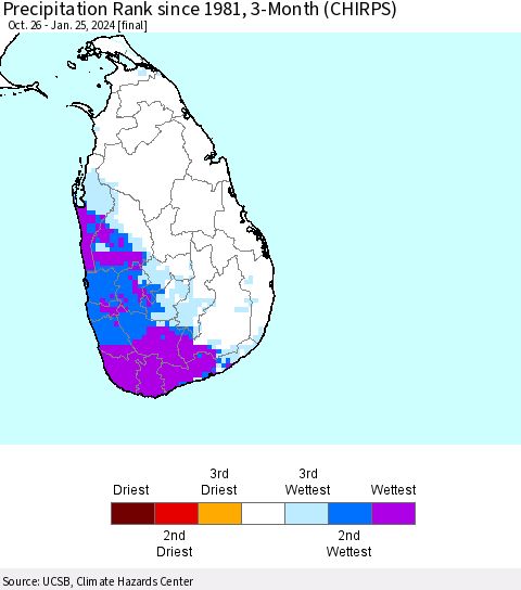 Sri Lanka Precipitation Rank since 1981, 3-Month (CHIRPS) Thematic Map For 10/26/2023 - 1/25/2024