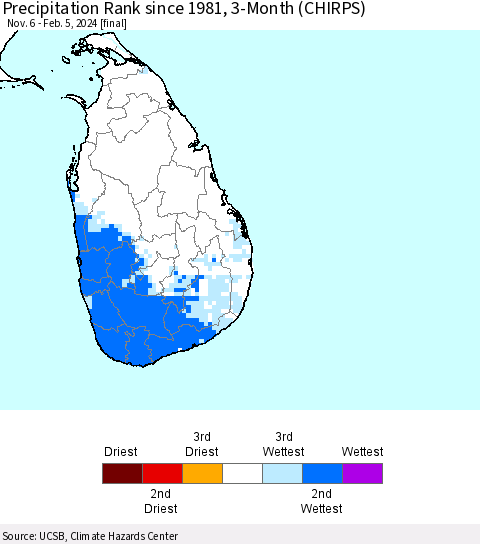 Sri Lanka Precipitation Rank since 1981, 3-Month (CHIRPS) Thematic Map For 11/6/2023 - 2/5/2024