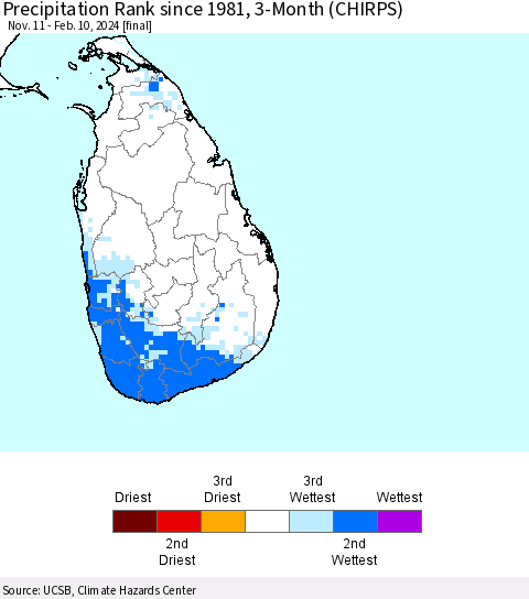 Sri Lanka Precipitation Rank since 1981, 3-Month (CHIRPS) Thematic Map For 11/11/2023 - 2/10/2024