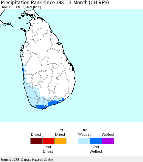 Sri Lanka Precipitation Rank since 1981, 3-Month (CHIRPS) Thematic Map For 11/16/2023 - 2/15/2024