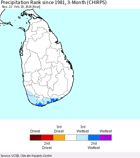 Sri Lanka Precipitation Rank since 1981, 3-Month (CHIRPS) Thematic Map For 11/21/2023 - 2/20/2024