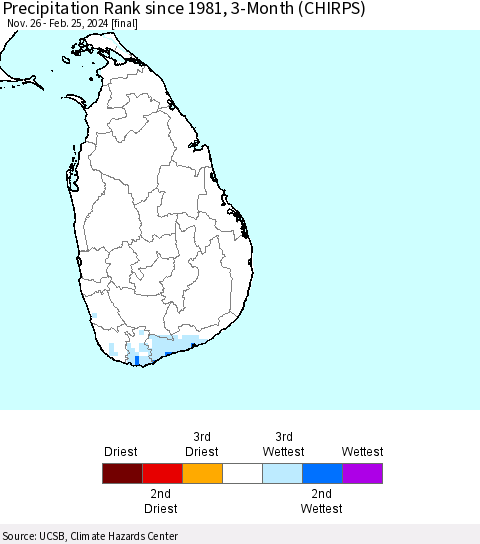 Sri Lanka Precipitation Rank since 1981, 3-Month (CHIRPS) Thematic Map For 11/26/2023 - 2/25/2024