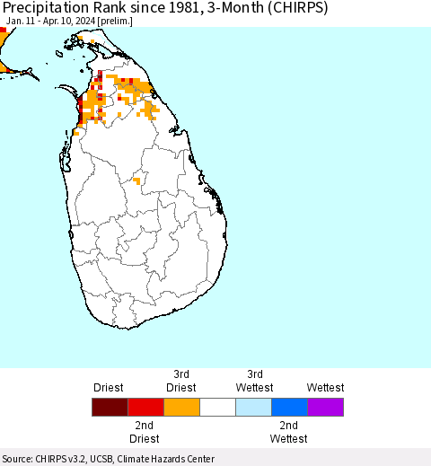 Sri Lanka Precipitation Rank since 1981, 3-Month (CHIRPS) Thematic Map For 1/11/2024 - 4/10/2024