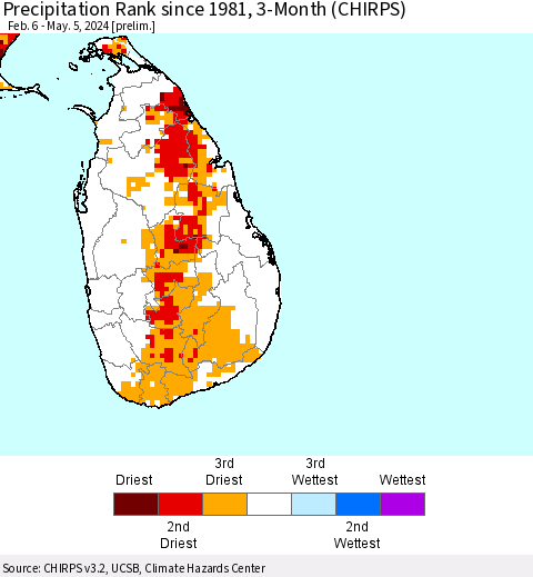 Sri Lanka Precipitation Rank since 1981, 3-Month (CHIRPS) Thematic Map For 2/6/2024 - 5/5/2024