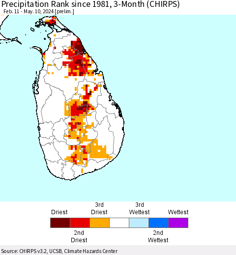 Sri Lanka Precipitation Rank since 1981, 3-Month (CHIRPS) Thematic Map For 2/11/2024 - 5/10/2024