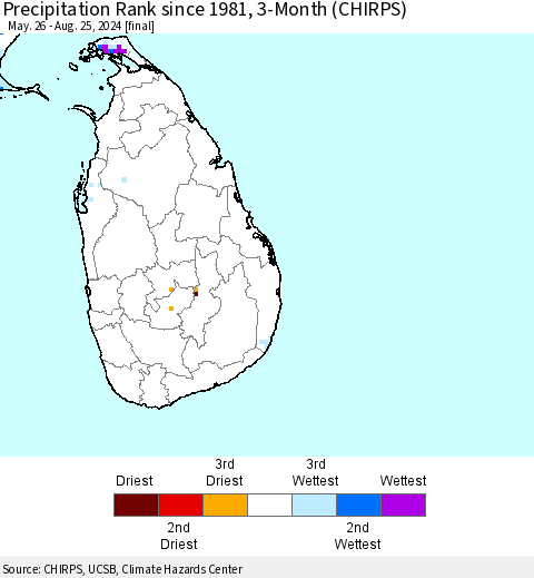 Sri Lanka Precipitation Rank since 1981, 3-Month (CHIRPS) Thematic Map For 5/26/2024 - 8/25/2024