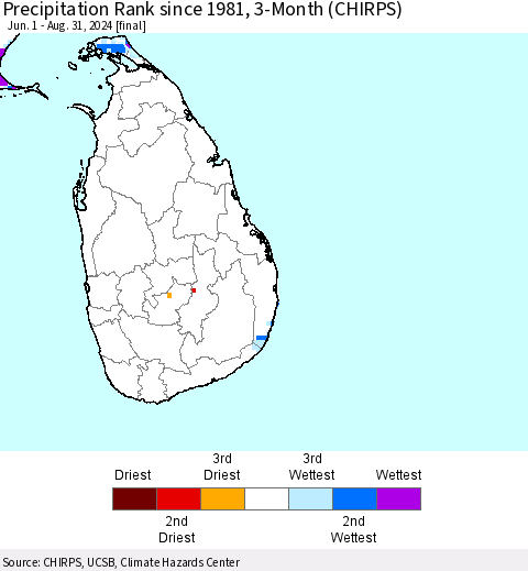 Sri Lanka Precipitation Rank since 1981, 3-Month (CHIRPS) Thematic Map For 6/1/2024 - 8/31/2024