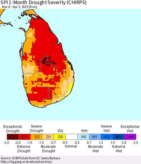 Sri Lanka SPI 1-Month Drought Severity (CHIRPS) Thematic Map For 3/6/2019 - 4/5/2019