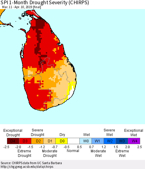 Sri Lanka SPI 1-Month Drought Severity (CHIRPS) Thematic Map For 3/11/2019 - 4/10/2019