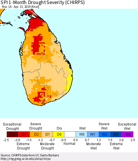 Sri Lanka SPI 1-Month Drought Severity (CHIRPS) Thematic Map For 3/16/2019 - 4/15/2019