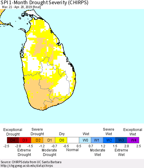 Sri Lanka SPI 1-Month Drought Severity (CHIRPS) Thematic Map For 3/21/2019 - 4/20/2019