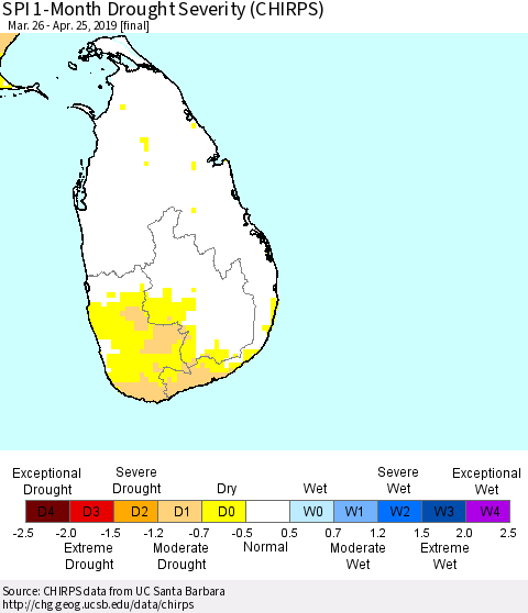 Sri Lanka SPI 1-Month Drought Severity (CHIRPS) Thematic Map For 3/26/2019 - 4/25/2019