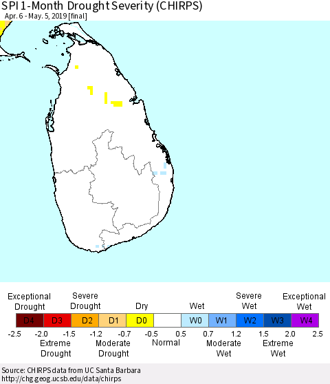 Sri Lanka SPI 1-Month Drought Severity (CHIRPS) Thematic Map For 4/6/2019 - 5/5/2019