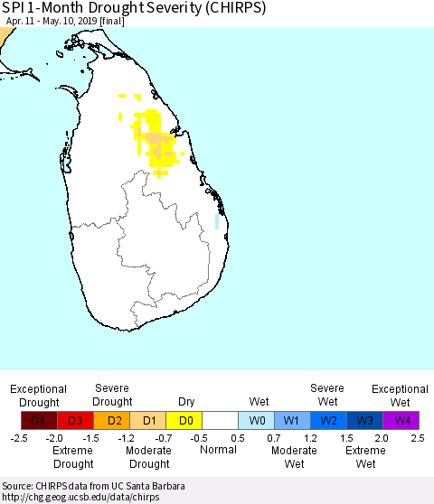 Sri Lanka SPI 1-Month Drought Severity (CHIRPS) Thematic Map For 4/11/2019 - 5/10/2019