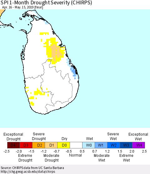 Sri Lanka SPI 1-Month Drought Severity (CHIRPS) Thematic Map For 4/16/2019 - 5/15/2019