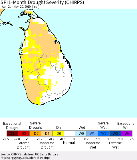 Sri Lanka SPI 1-Month Drought Severity (CHIRPS) Thematic Map For 4/21/2019 - 5/20/2019
