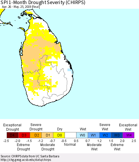 Sri Lanka SPI 1-Month Drought Severity (CHIRPS) Thematic Map For 4/26/2019 - 5/25/2019
