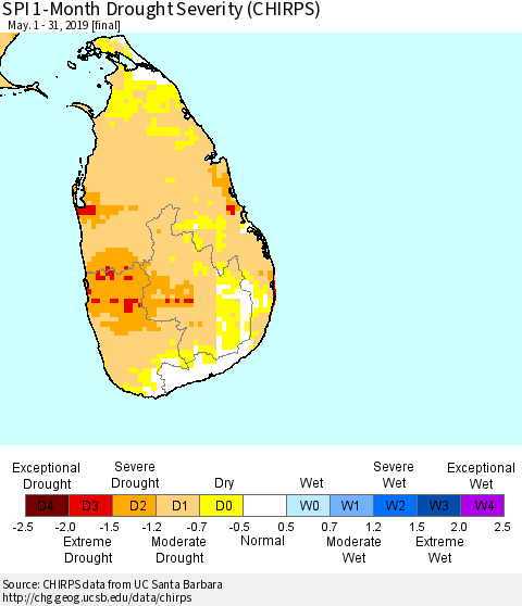 Sri Lanka SPI 1-Month Drought Severity (CHIRPS) Thematic Map For 5/1/2019 - 5/31/2019