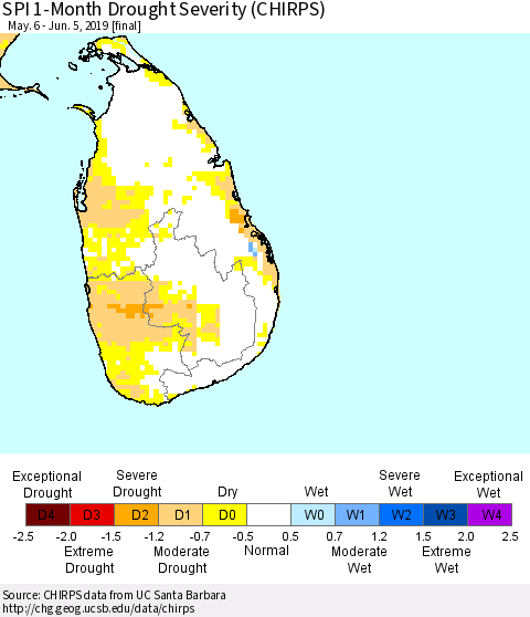 Sri Lanka SPI 1-Month Drought Severity (CHIRPS) Thematic Map For 5/6/2019 - 6/5/2019