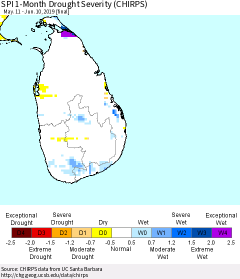 Sri Lanka SPI 1-Month Drought Severity (CHIRPS) Thematic Map For 5/11/2019 - 6/10/2019