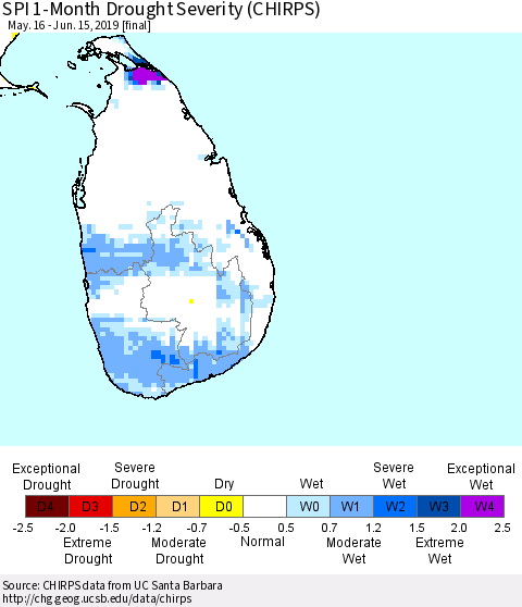 Sri Lanka SPI 1-Month Drought Severity (CHIRPS) Thematic Map For 5/16/2019 - 6/15/2019