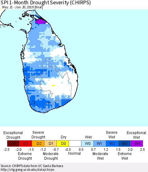 Sri Lanka SPI 1-Month Drought Severity (CHIRPS) Thematic Map For 5/21/2019 - 6/20/2019