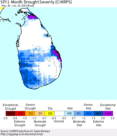 Sri Lanka SPI 1-Month Drought Severity (CHIRPS) Thematic Map For 5/26/2019 - 6/25/2019