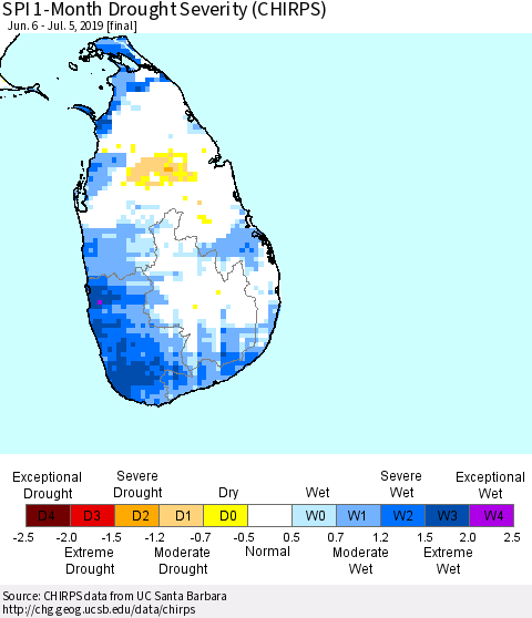 Sri Lanka SPI 1-Month Drought Severity (CHIRPS) Thematic Map For 6/6/2019 - 7/5/2019
