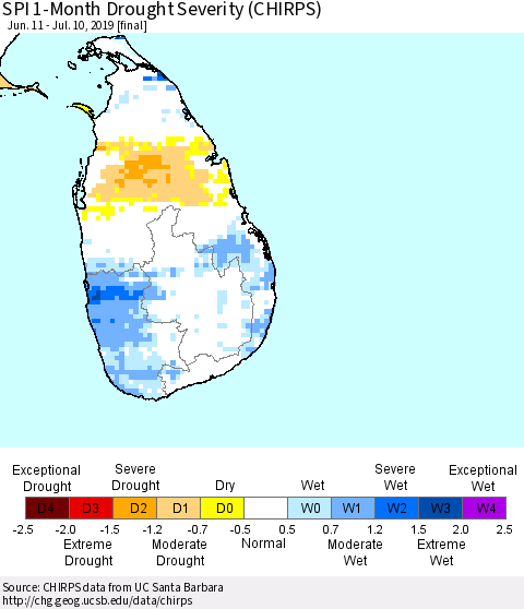 Sri Lanka SPI 1-Month Drought Severity (CHIRPS) Thematic Map For 6/11/2019 - 7/10/2019