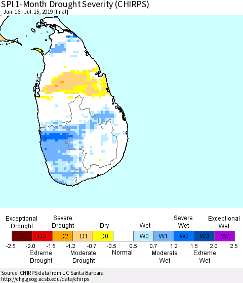 Sri Lanka SPI 1-Month Drought Severity (CHIRPS) Thematic Map For 6/16/2019 - 7/15/2019